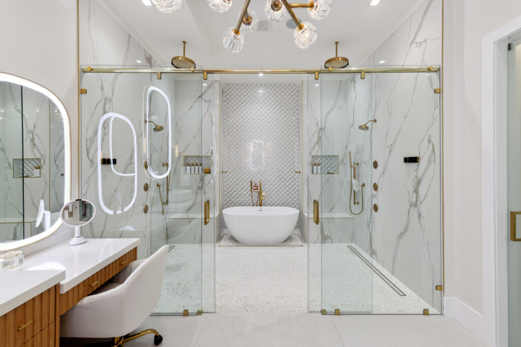 Bathroom Trends: Marble, Chandeliers, Heated Floors